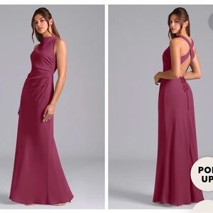 Azazie Cross-Back Maxi Dress in color, Mulberry. Chiffon fabric. Size A10.